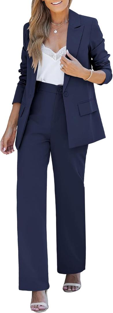 LookbookStore 2 Piece Pant Suits for Women Dressy Blazer High Waisted Straight Leg Pants Sets Business Casual Outfits (Large, Navy Blue)