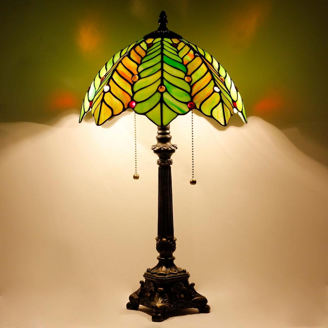 Tiffany Table Lamp Brown Green Leaf Style Stained Glass Desk Lamp 12X12X21 Inches Reading Light