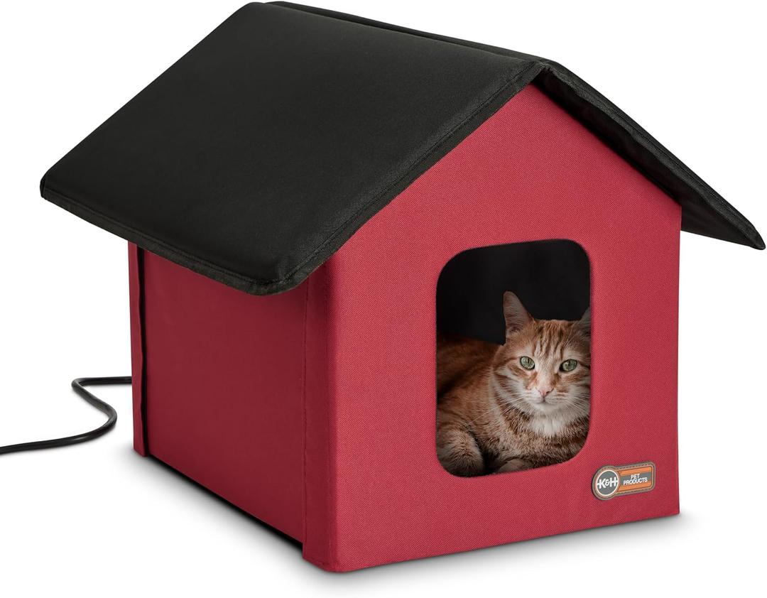 K&H Heated Cat House, Outdoor Kitty Shelter, Safety Listed, 20W, Red/Black