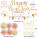 Gold Birthday Decorations, Happy Birthday Banner and Paper Pompoms, Hanging Swirls, Circle Dots Garland, Pennant Flags for Girls Women Party Decorations