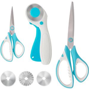 MANUFORE Professional Sewing Scissors Set: Big and Small Scissors, Rotary Cutter with 3pcs Extra Blades for Cutting Fabric (Blue)