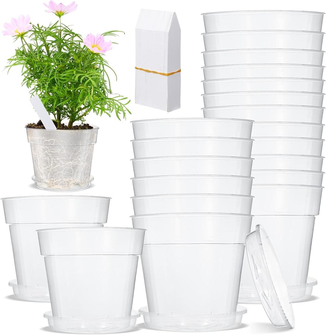Hushee 10 Pcs 9 Inch Clear Nursery Pots Include 10 Saucer and 100 Plant Labels Set Transparent Plastic Plant Pot with Drainage Hole Clear Planter with Drip Tray for Herb Flowers Vegetable