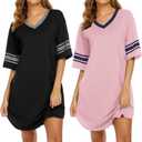 Ekouaer Nightgowns for Women 2 Pack Sleepshirts Short Sleeve Nightshirt V Neck Sleepwear Casual Pajama Dress (X-Large, Black/Pink)