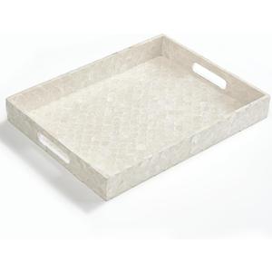 CHI AN HOME Capiz Decorative Tray 15.8” x 11.8” x 1.8" Rectangular Tray, Natural Handmade Serving Tray with Handles for Coffee Tables, Ottoman, Vanity, Kitchen, Coastal Boho Home Decor, White