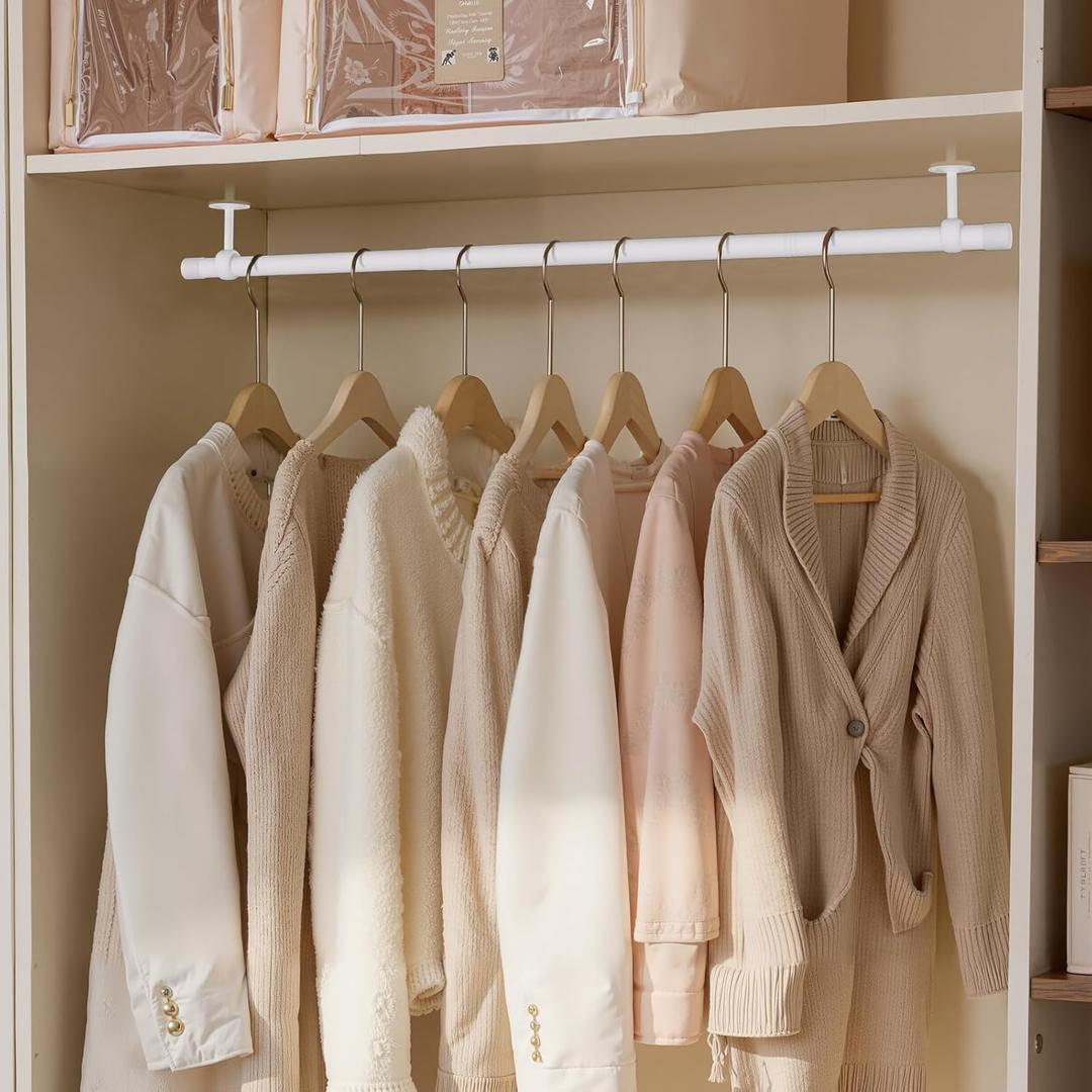 SUTINE Closet Rod, Closet Rods for Hanging Clothes, 17 to 52 inch Adjustable Ceiling/Wall mounted Closet Hanging Rod, Heavy Duty Clothes Rod Clothing Bar, Closet Poles for Hanging Clothes for Wardrobe (White)