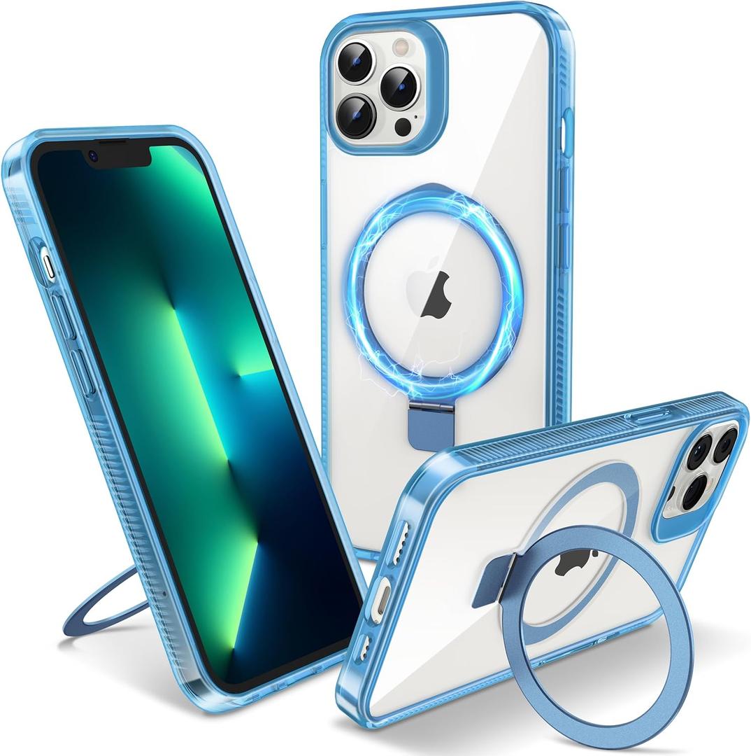 Flyzoo Magnetic Case for iPhone 13 Pro Max - [Built-in Invisible Stand] [Compatible with MagSafe] [Military Grade Drop Protection] Anti-Yellowing Hard Back Silicone Edge Cover, 6.7", Clear Blue