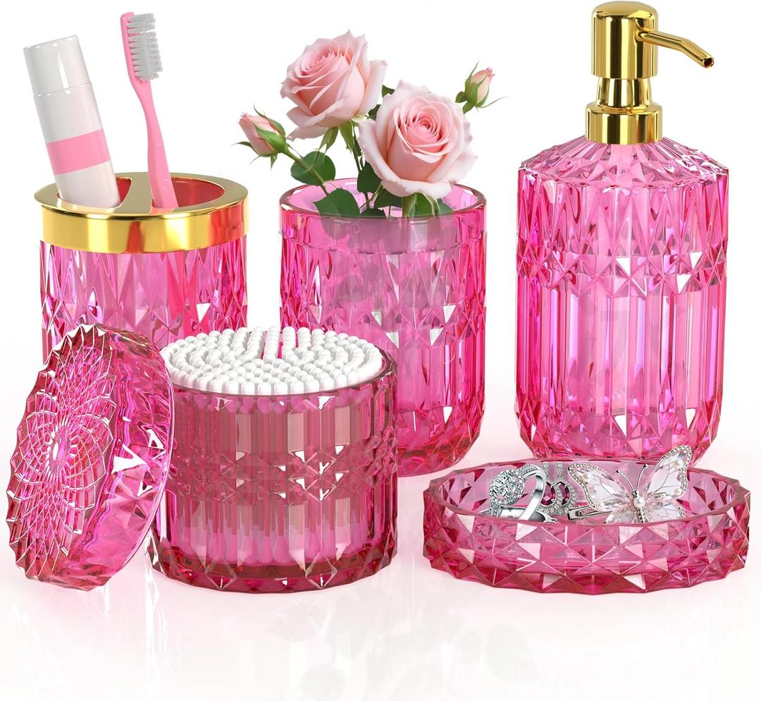 Hot-Pink Glass Bathroom Accessories Set 5 Pcs, Hot-Pink Bathroom Set, Soap Dispenser and Toothbrush Holder Set, Qtip Holder Set, Vintage Bathroom Sink Set, Cute Bathroom Decor