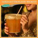 Funnymoom 32 Pack 32oz Gold Glitter Buckets with Lids and Straws Ice Cream Cocktail Rum plastic Buckets for Drinks Reusable Food Containers Glitter Cup with Handle for Wedding Birthday Holiday Parties