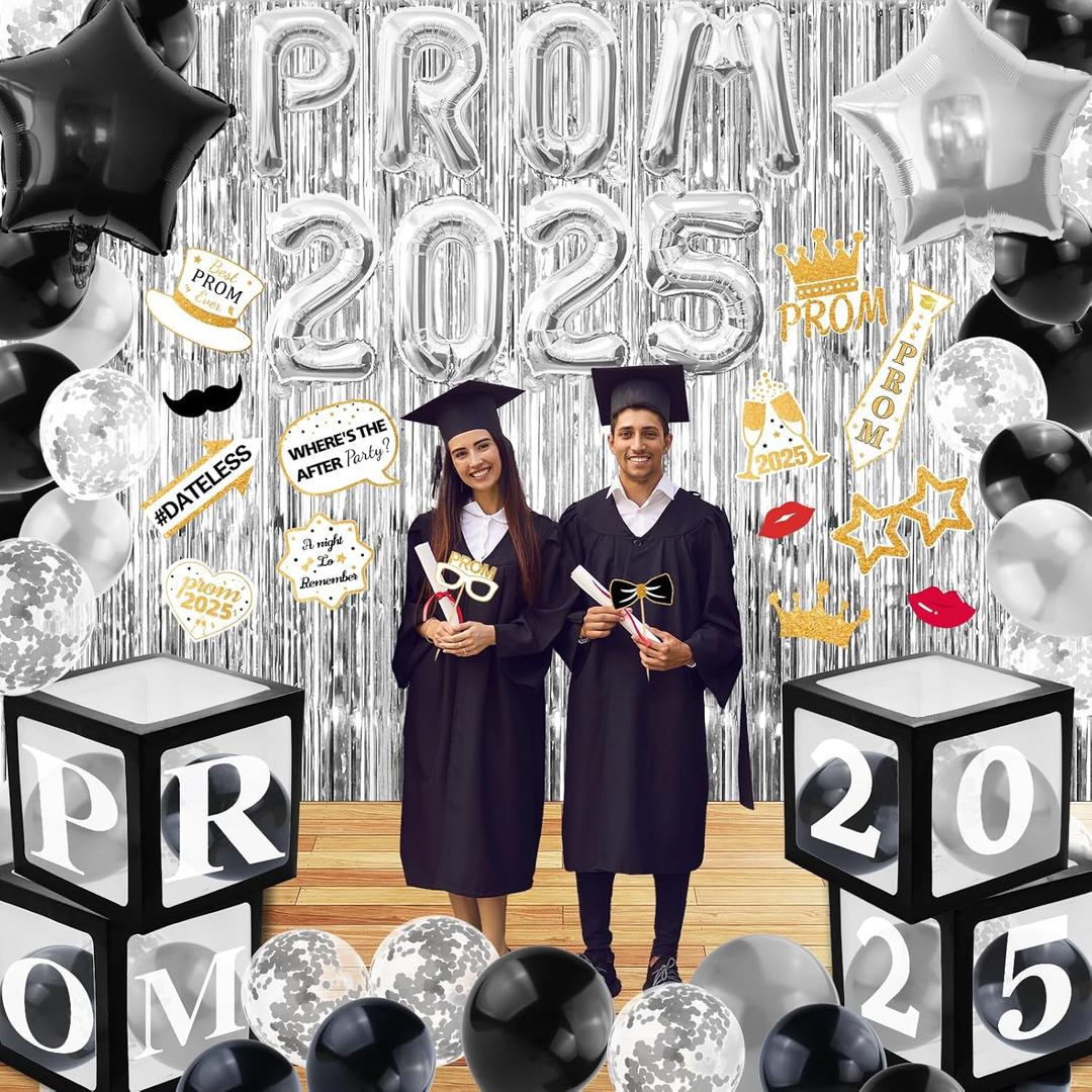 Class of 2025 Prom Night Decorations 16" Mylar Foil 2025 Balloons Photo Props Fringe Curtain Backdrop Balloon Box for High School College Grad Graduation Party (Sliver and Black)