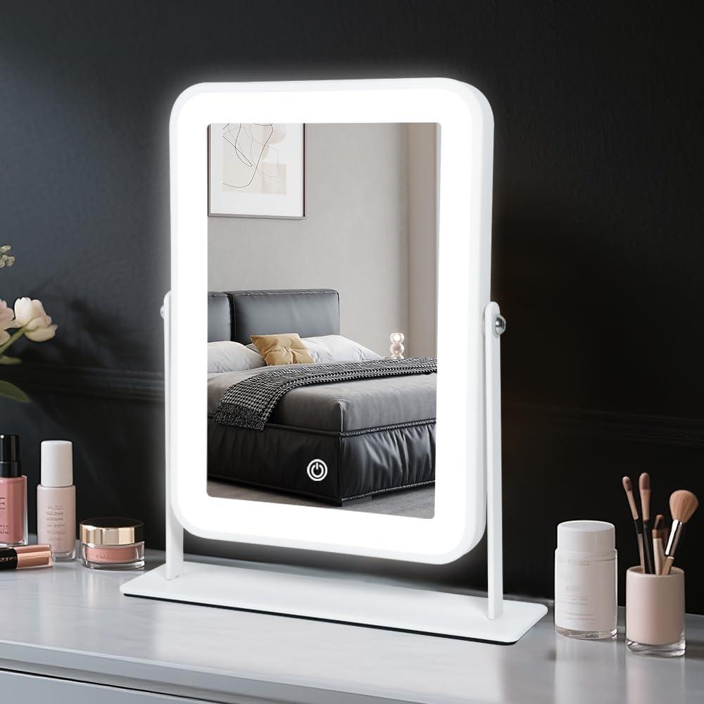 YEKKOPT Rechargeable Small Vanity Mirror with Lights,9"x11"Portable LED Desk Mirror, Make up Mirror with Lighting,Touch Screen with 3-Color Lighting, Dimmable, for Shaving, Tabletop, Bedroom