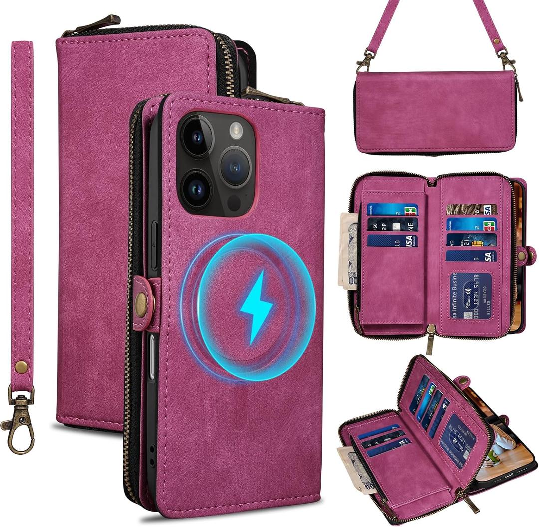 Rssviss Wallet Case for iPhone 16 Pro Crossbody with Card Holder Wrist Strap, Flip Zipper Case Compatible with Magsafe, RFID Blocking Purse Cover for iPhone 16 Pro Women Men 6.3 inch Hotpink