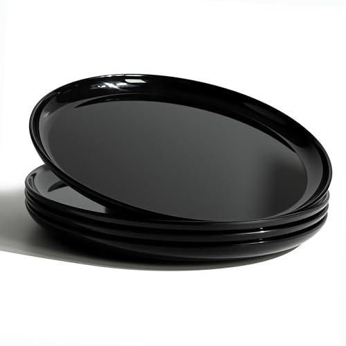ONEderful 9 Inch Melamine Dinner Plates Set of 4 - Black Modern Flat Plates, Durable & Lightweight Catering Dishes for Parties, Picnics, Holidays, Dishwasher Safe