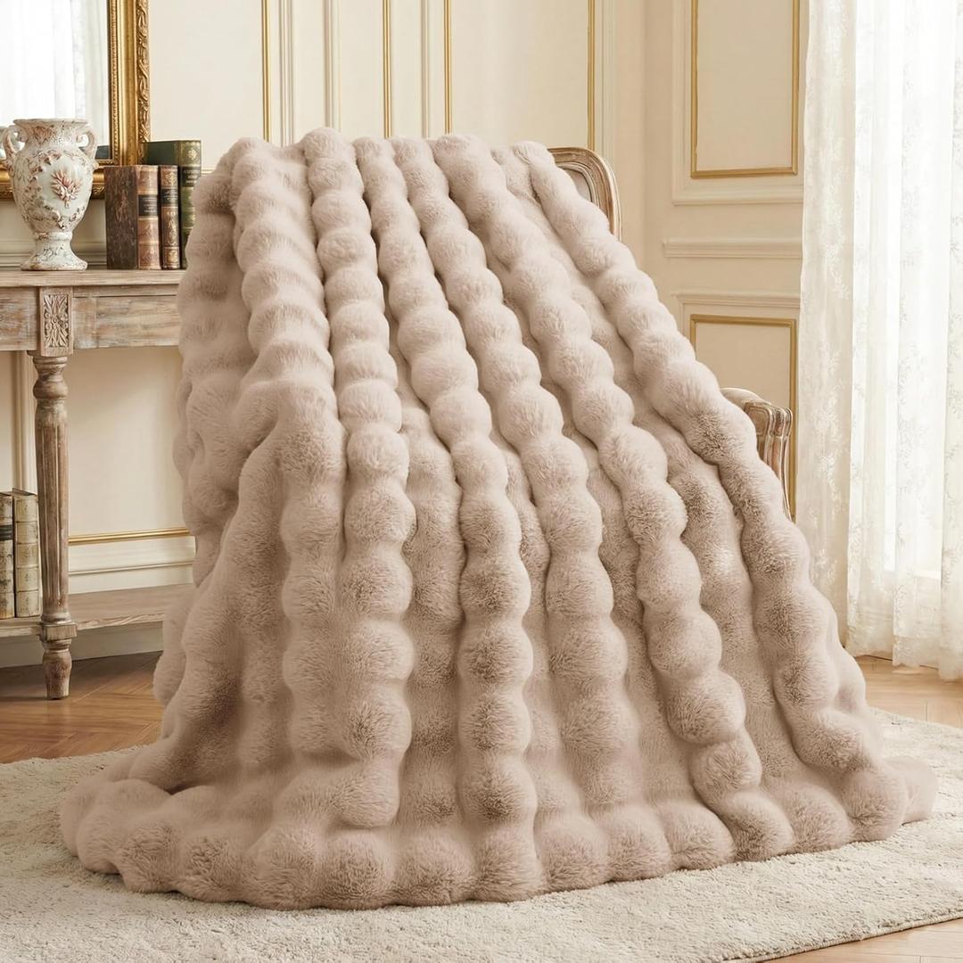 L'AGRATY Faux Fur Throw Blanket: 60" x 80" Luxury Soft Fluffy Rabbit Fur Blankets Twin for Couch Bed Sofa - Cozy Plush Bubble Blankets for Winter: Flannel Fleece Decorative Blanket(Light Linen)