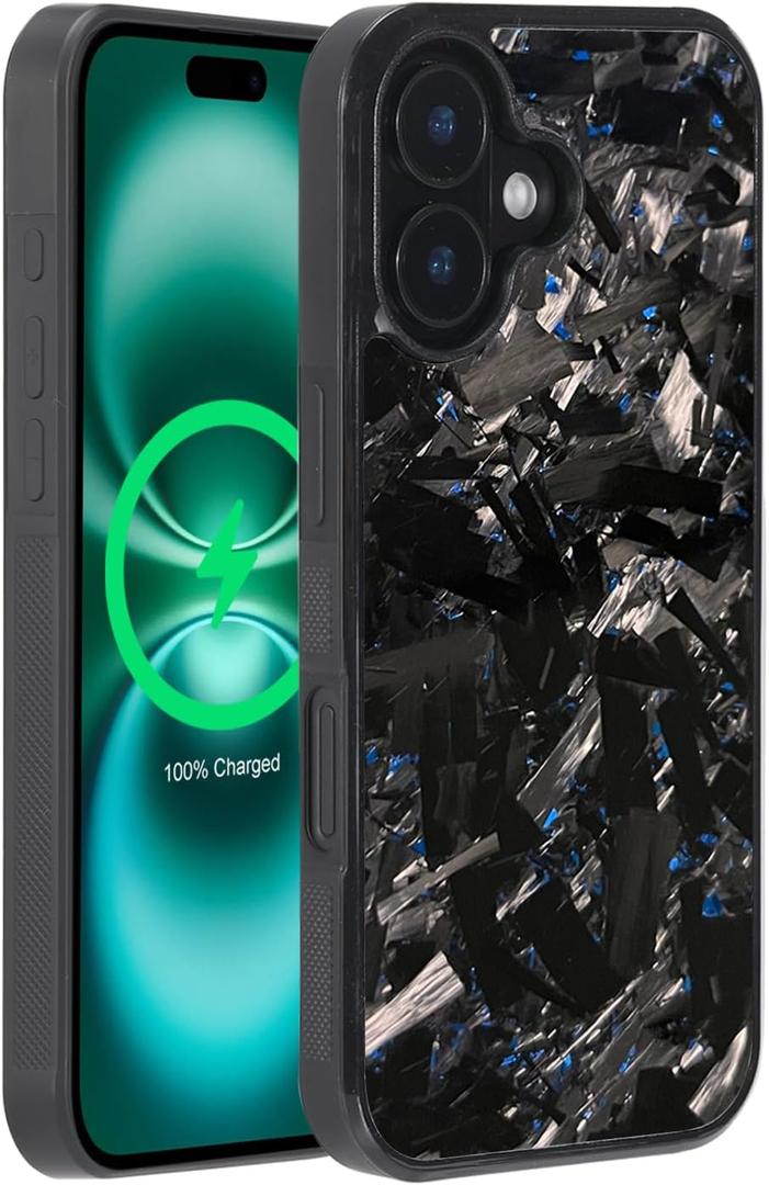 molzar Grip Series for iPhone 16 Case with Real Forged Carbon Fiber, Grippy Edges Design, Built-in Magnets, Compatible with MagSafe Chargers and Accessories, Glossy Black/Blue