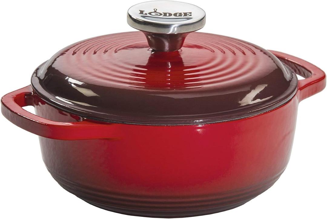 Lodge 1.5 Quart Enameled Cast Iron Dutch Oven with Lid  Dual Handles  Oven Safe up to 500 F or on Stovetop - Use to Marinate, Cook, Bake, Refrigerate and Serve  Red