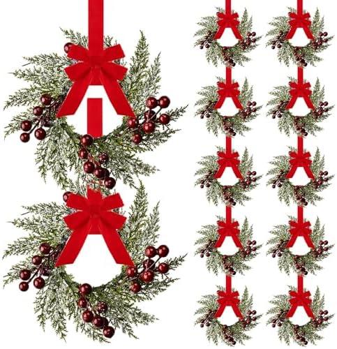 8Pieces 8" Mini Christmas Wreaths - Small for Kitchen Cabinet/Window/Front Door, Artificial Red Berries & Pinecones, Christmas Candle Rings, Table/Farmhouse Decoration (No Ribbon)