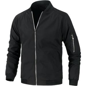 Mens Lightweight Bomber Jacket Casual Windbreaker Zip Up Coat with Pockets for Spring Fall (Black, S)