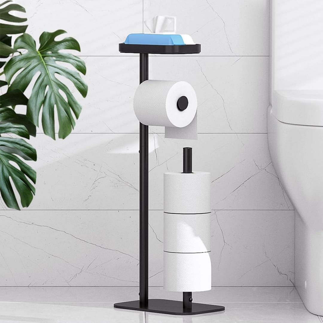 Kitsure Toilet Paper Holder Free Standing Rustproof Metal Toilet Paper Stand for 4 Rolls with Anti-Slip Base and Shelf for Phone & Small Items, Bathroom Organizers and Storage, Medium, Black