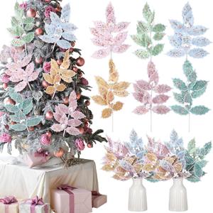 6 Pcs Candy Land Christmas Decorations 13.8'' Pastel Candy Christmas Tree Picks and Sprays Pastel Poinsettia Leaves Stem Pink Yellow Green Blue Macaron Tree Toppers for Wreath Garland Vase