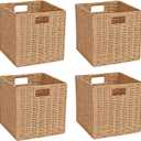 Foldable Wicker Storage Baskets,Paper Rope Square Storage Cubes,Wicker Basket for Organizing Shelves Living Room Bedroom Pantry, Set of 4 Baskets,11''x11''x11''