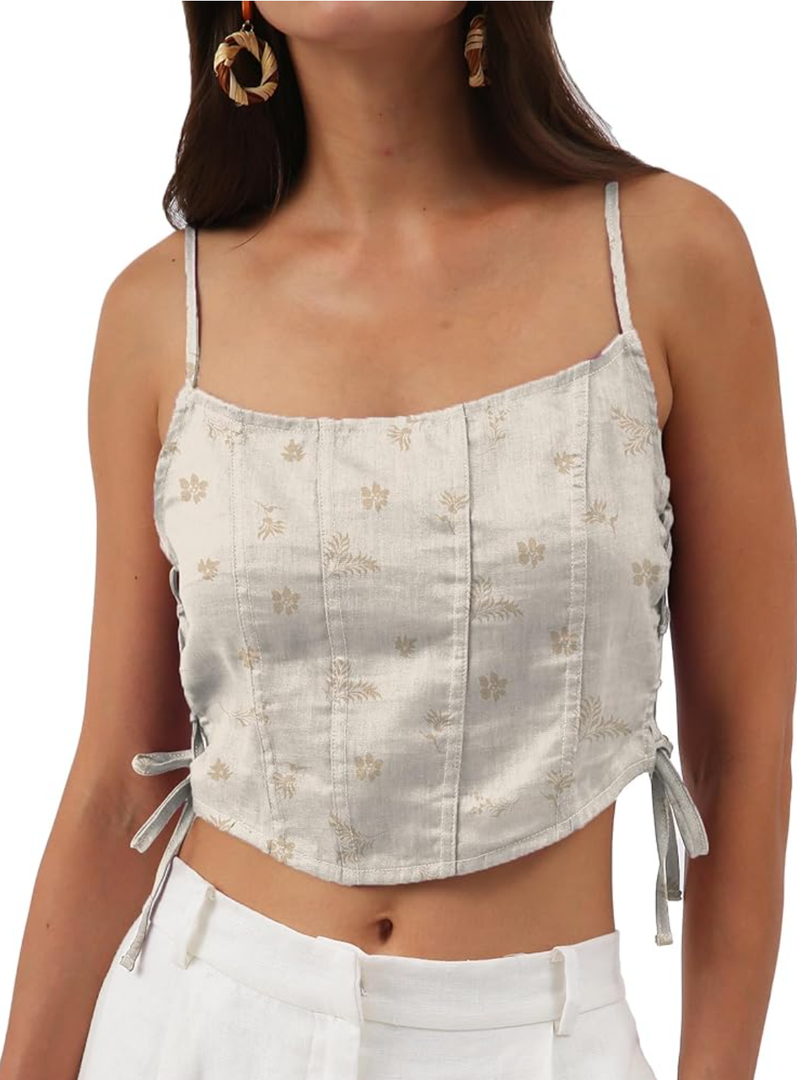 Amazhiyu Womens Pure Linen Crop Corset Top Summer Casual Floral Lace Up Bustier, XXL