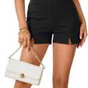 Vrtige Women's Split Hem High Waist Decorative Buttons Invisible Zip Elastic Sliming Shorts (Black)
