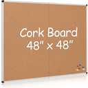 Extra Large Cork Bulletin Board 48" X 48", Foldable Notice Pin Board for Wall, Silver Aluminum Framed 4'x4' Corkboard, Wall Mounted Noticeboard with 36 Push Pins for School, Home & Office