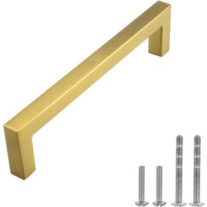 Modket Euro Square Cabinet Handle Pull 304 Stainless Steel  5-3/8" Overall Length, 5" (128mm) Hole Centers, Brushed Satin Brass Gold 10-Packs