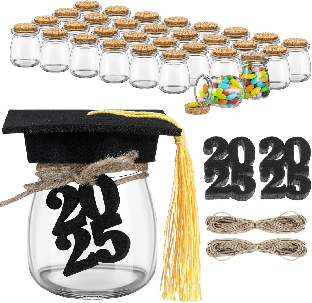 36 Sets Graduation Candy Jars Bulk 2025 Graduation Cap Gift with Pudding Glass Jars and Tassel Felt Grad Cap Felt 2025 Number Kit for Graduate Wishes Party Favors Decoration Supplies 