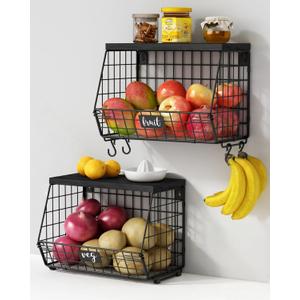 Black Kitchen Wall Hanging Storage Basket Set of 2, Rustic Stackable Kitchen Counter Fruit Organizer, Wire Baskets Container for Veggie, Garlic, Produce, Onion and Potato (Black Shelf)