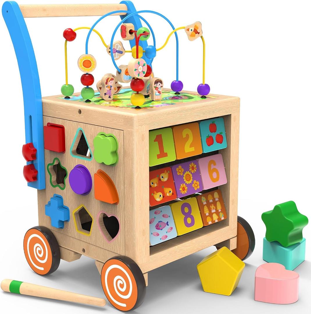 9-in-1 Wooden Activity Cube | Wooden Baby Walker, Sit-to-Stand Learning Walker Activity Center, Early Educational Push & Pull Toys for Baby Toddler Boys Girls, Height & Brake Adjustable, Medium, Small