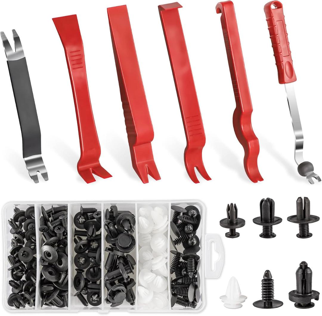 LivTee Auto Trim Removal Tool Kit, Clip Fastener Remover Pry Tools Set,100 Pcs Bumper Retainer Clips Car Plastic Rivets Fasteners Push Retainer Kit with 6 Pcs Storage Removal Tool, Red
