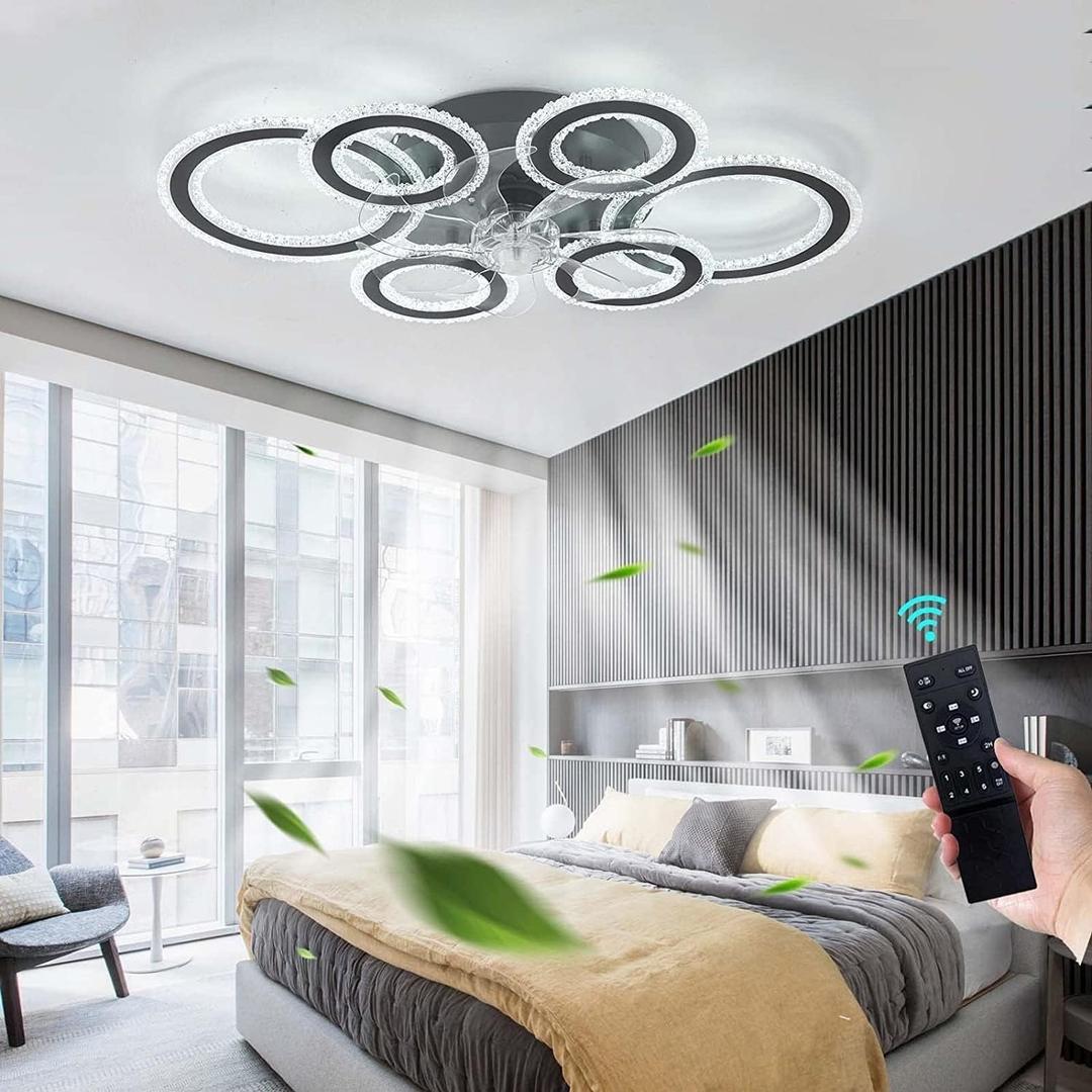 76CM Smart Ceiling Light with Fan DC Motor 6 Gear Reversible Bedroom Ceiling Fan with Lighting LED Dimmable Quiet Modern Living Room Lamp with Fan (Color : Black)