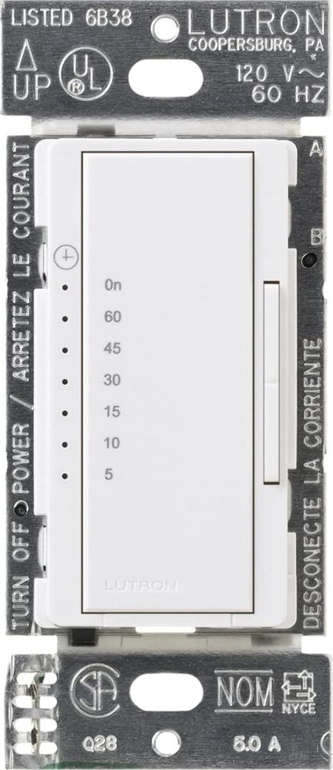Lutron Maestro Countdown Timer Switch for Fans and Lights, Timer Switch for Lights, 3A/150-Watt LED Bulbs, Single-Pole/Multi-Location, MA-T51MN-WH, White