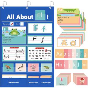 All About Letters Pocket Chart for Classroom, Alphabet Learning Chart with ABC Flash Cards, Letter Tracing Educational Wall Chart, Circle Time Center Kindergarten Preschool Home Decor, (Blue)