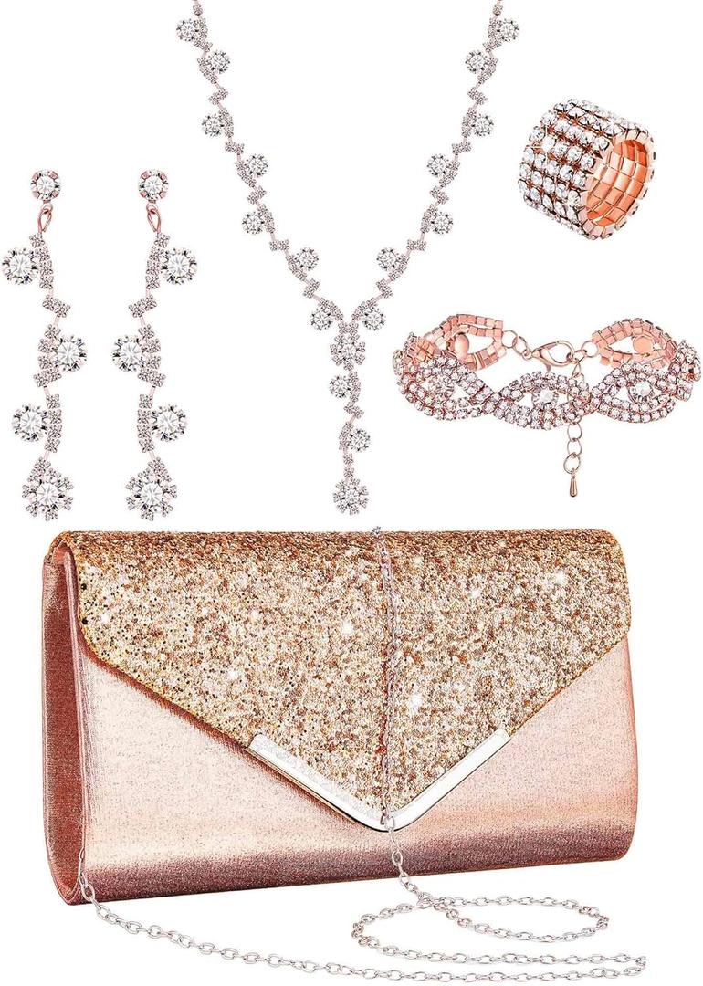 Henoyso 5 Pcs Purse Rhinestone Jewelry Set Prom Jewelry Rhinestone Clutch Purse Necklace Earrings Bracelets for Women Bride (Rose Gold)
