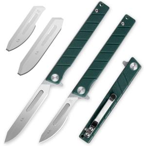 G016 Mini Slim Folding Scalpel with 5pcs #24 and 5pcs #60 G10 Handle with Liner Lock, Utility EDC Pocket Knife with Back ClipGreen