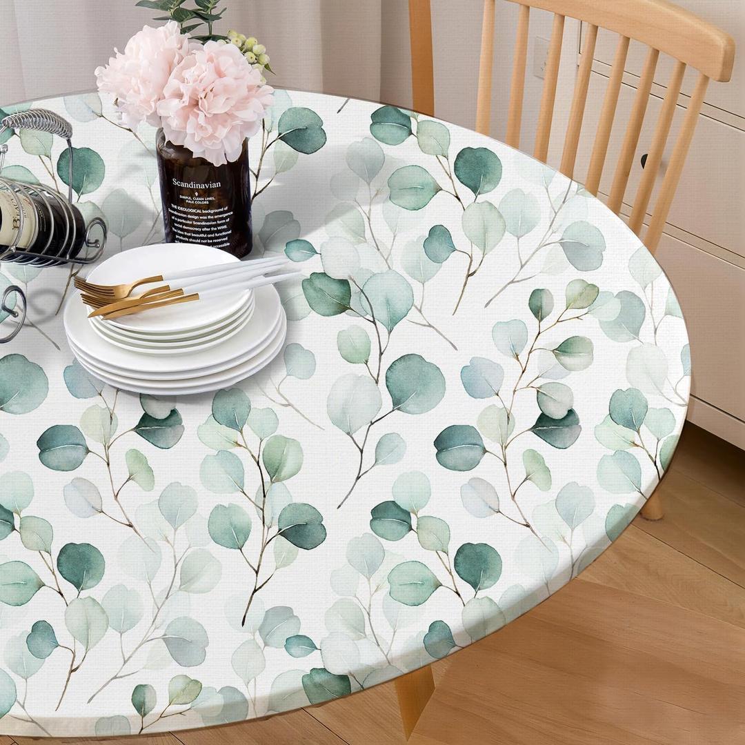 Round Tablecloth Fitted Elastic Edge Patio Table Covers Wrinkle Resistant Polyester Table Cloth for Picnic Camping Indoor and OutdoorWatercolor Eucalyptus Leaves 36"-44"