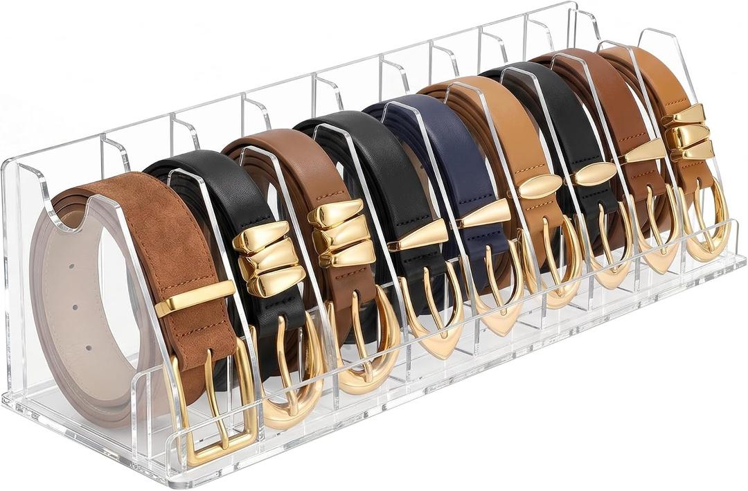 Acrylic Belt Organizer - Clear Belt Storage Holder for Closet with Removable Dividers - 9 Compartments and Display Stand