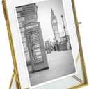 Isaac Jacobs 5x7, Antique Gold, Vintage Style Brass and Glass, Floating Photo Frame, Metal, (Vertical), with Locket Closure and Angled Base, for Pictures, Art, Mementos, Keepsakes (5x7, Antique Gold)
