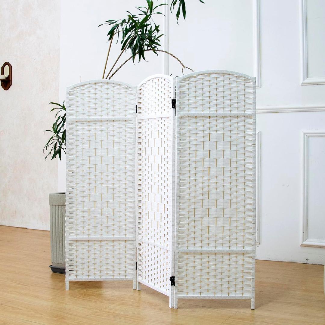 Furnnylane 3 Panel Rattan Divider Short Room Partition Screen,Double Sided Folding Divider for Room Separation,White,47.2" H x 47.2" W