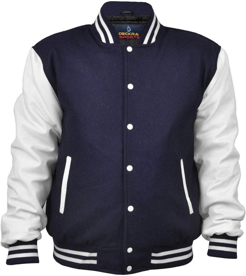 Men's Varsity Jacket Genuine Leather Sleeve and Wool Blend Letterman Boys College Varsity Jackets XS-5XL (Navy Blue/White)