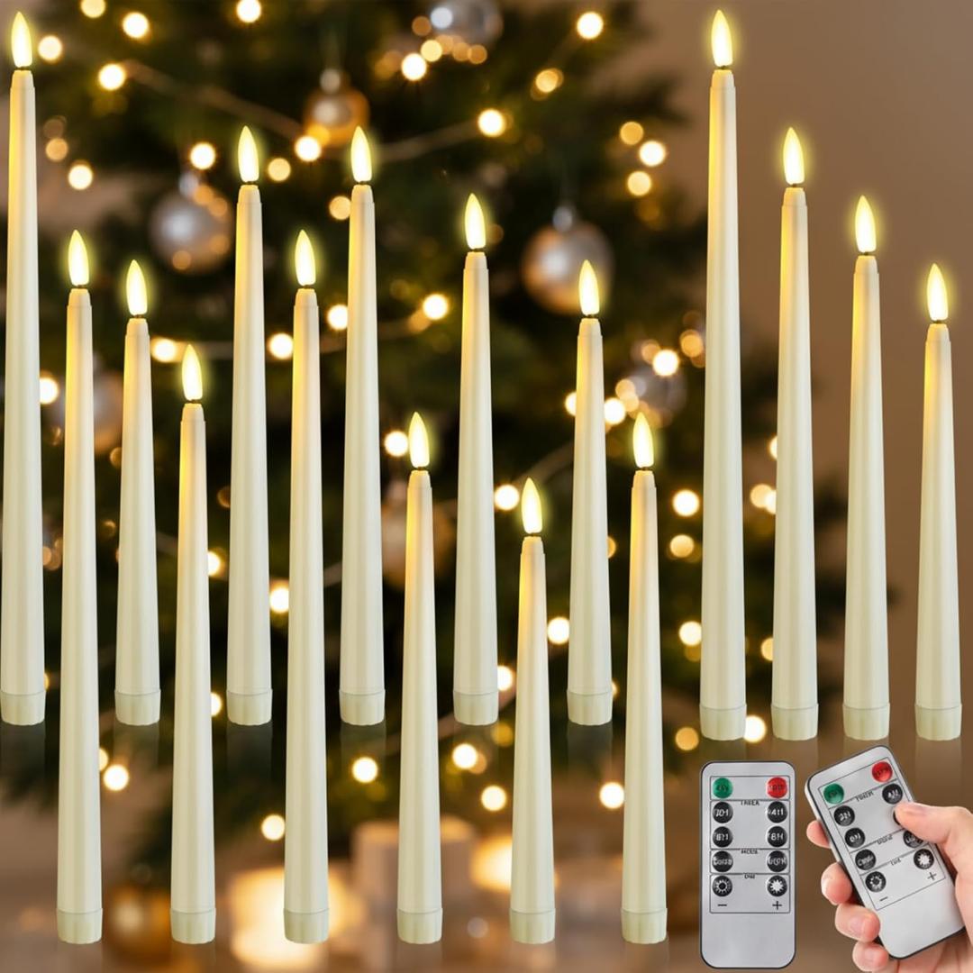 16 Pcs Battery Operated Taper Candles with Remote Timer Christmas Candles Bulk Decor 8.5" 9.6" 10.8" 12.8" LED Multiple Sizes Flameless Flickering Candlestick for Christmas Wedding (Ivory)