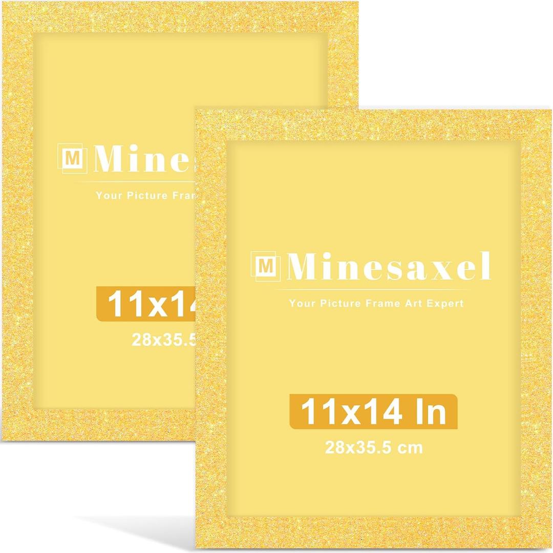 11x14 Yellow Glitter Picture Frame Set of 2, Wall Gallery 8x10 Colorful Photo Frames with Mat, Sparkle Cute Fun Artwork Frame for Wall or Tabletop