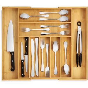 Purawood Bamboo Drawer Organizer - Expandable Silverware Organizer & Utensil Drawer Organizer, Cutlery Tray with Dividers, 7-9 Slots- Kitchen Organizer for Utensils & Flatware (Natural)