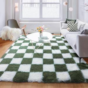 KICMOR Rugs for Living Room 5x8 Olive Green and White, Large Fluffy Soft Plush Checkered Area Rug Big Fuzzy Shag Shaggy Carpet for Bedroom, Indoor Floor Rug for Nursery Kids Childrens Toddler Room