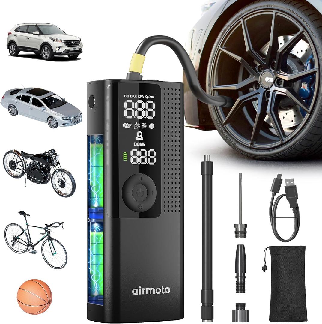 Airmoto Tire Inflator Portable Air Compressor - Air Pump For Car Tires with Digital Pressure Gauge, LED Light and Auto Shut-Off Function - Cordless Pump for Car, Motorcycle, Bicycle, Balls and More (1-Pack)