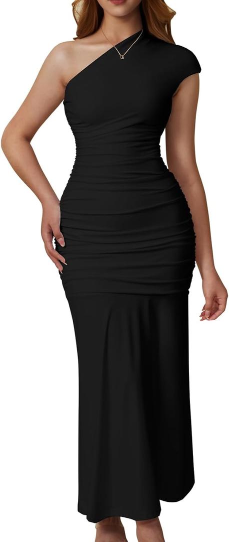 Memoriesea Women's Elegant One Shoulder Sleeveless Ruched Bodycon Cocktail Party Midi Dress (Large, Black)