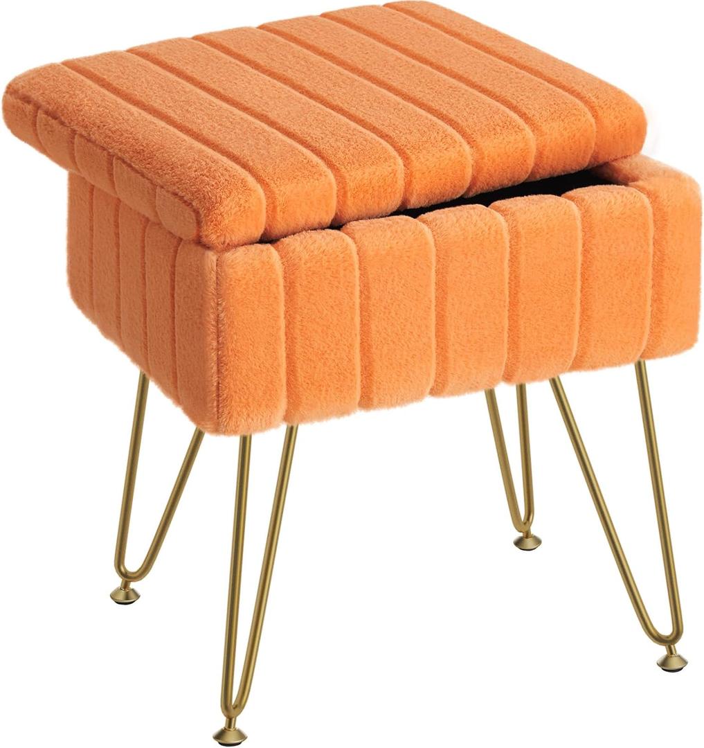 Greenstell Vanity Stool Chair Faux Fur with Storage, 15.7"L x 11.8"W x 19.4"H Soft Ottoman 4 Metal Legs with Anti-Slip Feet, Furry Padded Seat, Modern Multifunctional Chairs for Makeup, Bedroom,Orange