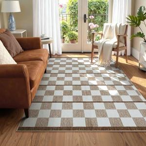 STARUIA Checkered Area Rug 5x7, Washable Geometric Plaid Rug for Living Room Non Slip Soft Modern Checkerboard Rug, Low Pile Carpet for Bedroom Nursery Dining Room Home Office (Beige, 5'x7')